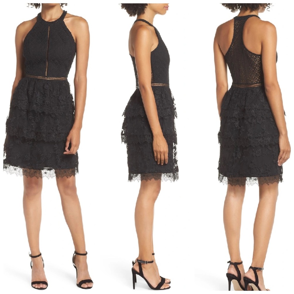 Heartloom Victoria Ruffle Lace Halter Dress In Black Size XS